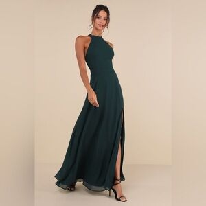 Lulus-Confidently Charismatic Emerald Backless Halter Maxi Dress (S/M)